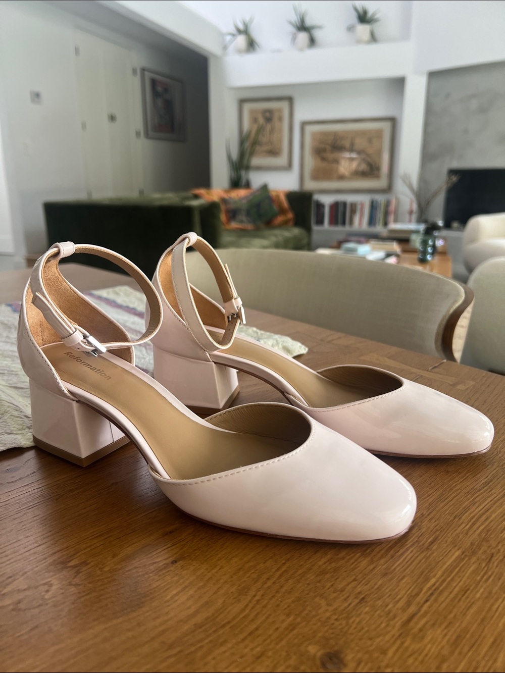 Reformation Patent Ankle-Strap Block Heel Pumps - Light Pink